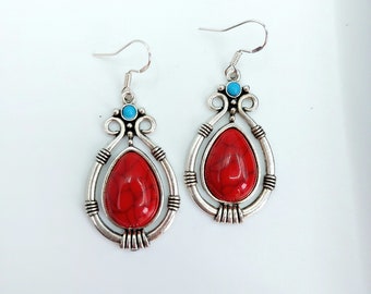 Red Boho earrings, silver bohemian earrings for women, festive earrings, red jewelry