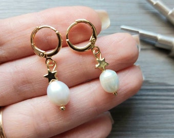 Gold pearl hoop earrings with a star, for her