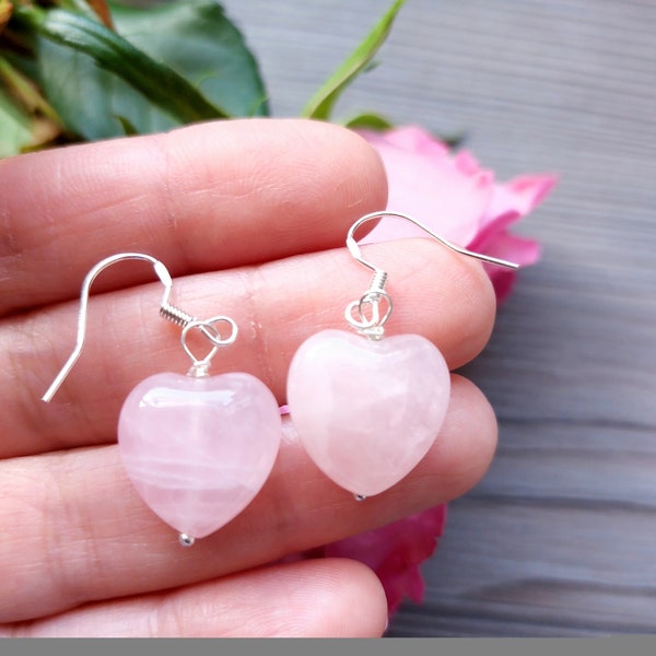 ROSE QUARTZ EARRINGS sterling silver, pink heart dangle Earrings