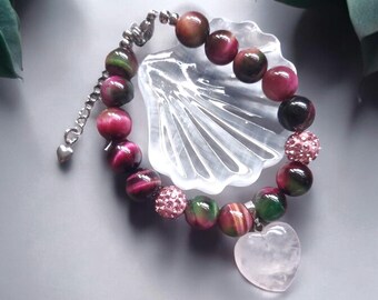 pink tiger's eye 10mm beaded bracelet with a rose quartz heart, ladies Christmas gift