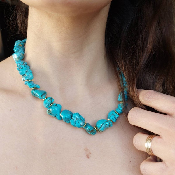 Raw turquoise beaded necklace, birthstone necklace for her