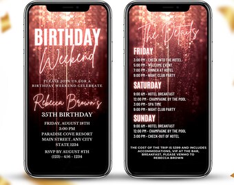Digital Weekend Itinerary Rose Gold Invitation, Birthday Itinerary Invite, Editable Template, Instant Download, Girls Trip Itinerary