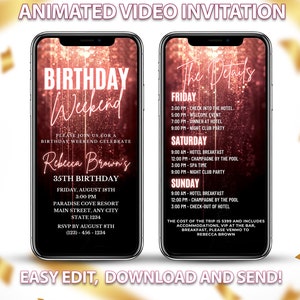 Rose Gold Birthday Weekend Itinerary Invitation (Digital Download)