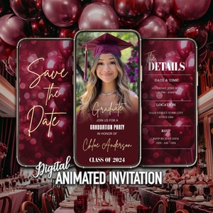 2024 Graduation Invitation, Maroon Color Graduation Invite, Save the Date Grad, Announcement, Editable Invitation