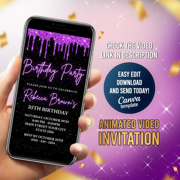 Electronic Purple Glitter Dripping Birthday Party Invitation, Purple Sparkle, Digital Birthday Invite, Editable Template, Any Age