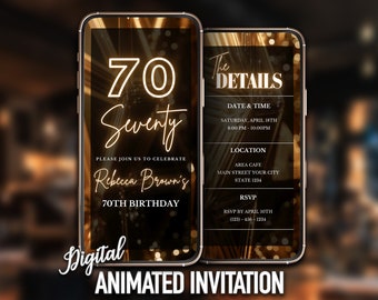 Editable 70th Birthday Invitation, Seventy Invitation, Black and Gold Invitation, Instant Download