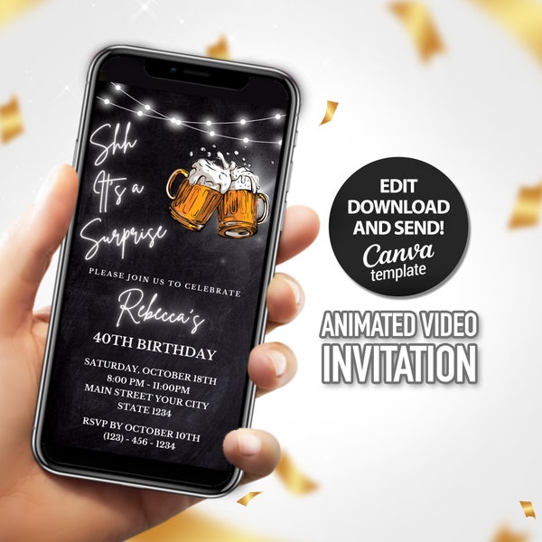 Surprise Beer Party Birthday Invitation, Electronic Beer Evite, Shh It's a Surprise Video Invite, Men Invitation, Any Age