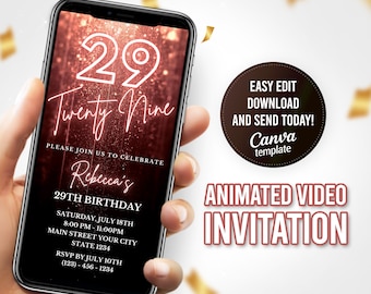 29th Birthday Invitation, Twenty Nine, Invitation for Her, Digital Invite, Editable Template, Instant Download