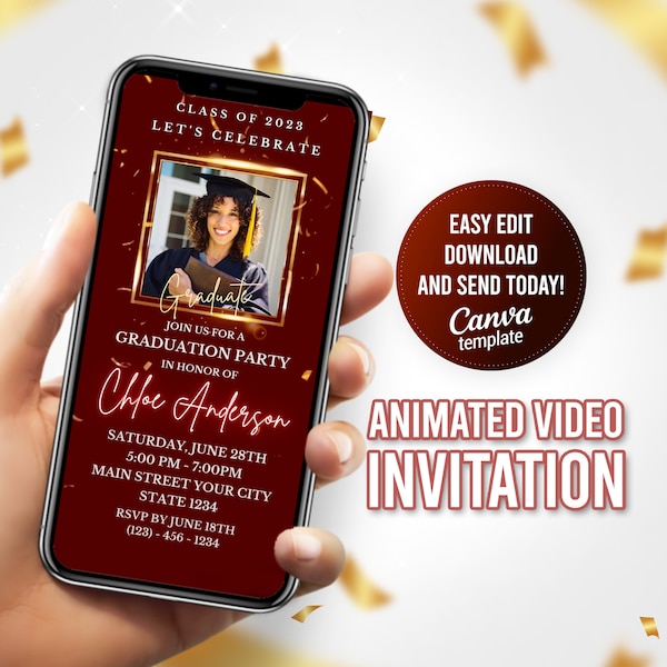 Maroon Graduation Invitation 2023, Graduation Party Video Invite, Editable Template, Instant Download