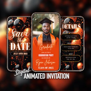 Invitación de graduación en negro y naranja, promoción de 2025, invitación de graduación digital editable, descarga instantánea