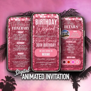 Birthday Weekend Itinerary Invitation, Pink Girls Trip Itinerary, Animated Travel, Planner Template