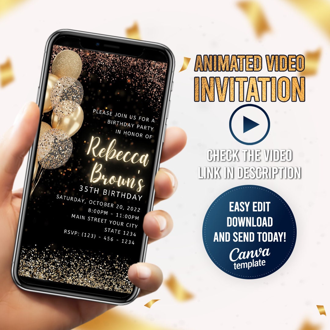 Black and Gold Birthday Video Invitation: Editable Mobile Evite ...