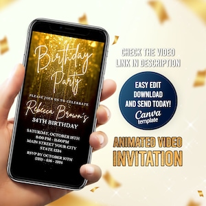 Gold Glitter Birthday Party Video Invitation: Editable E-Invite (Digital Download)