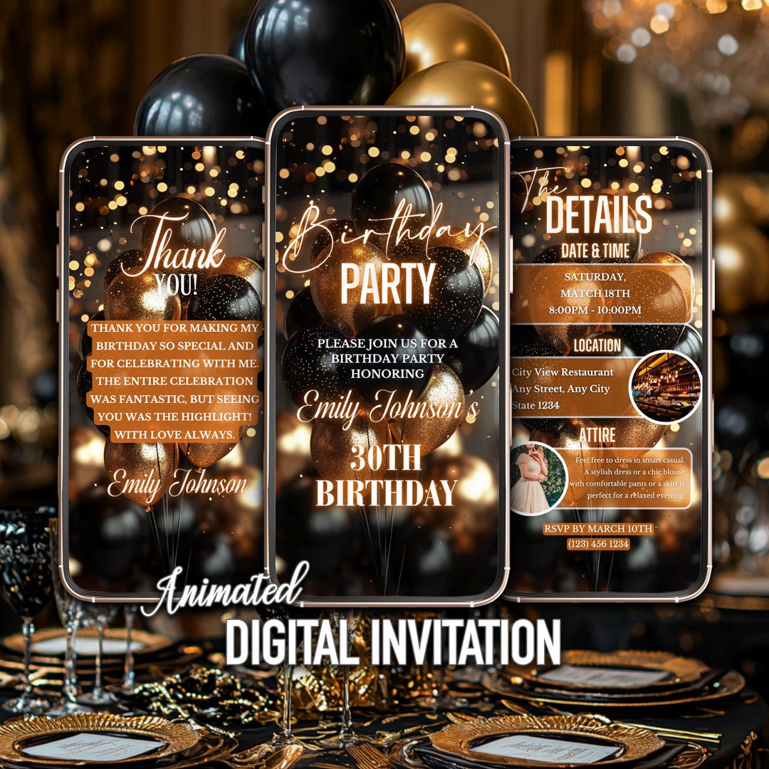 Black and Gold Birthday Party Invitation, Digital Birthday Invite ...