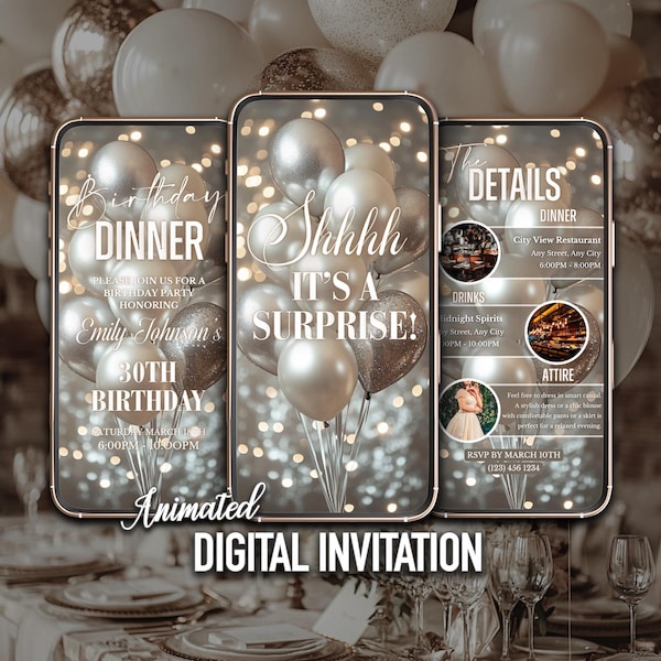 Surprise Birthday Dinner Invitation: Elegant White, Editable (Instant Download)