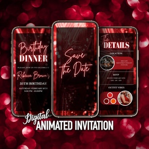 Digital Red Save The Date Birthday Dinner Invitation, Save the Date Invite, Red Glitter Invitation image 1