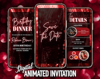 Digital Red Save The Date Birthday Dinner Invitation, Save the Date Invite, Red Glitter Invitation