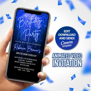 Blue Glitter Birthday Party Video Invitation: Editable Template