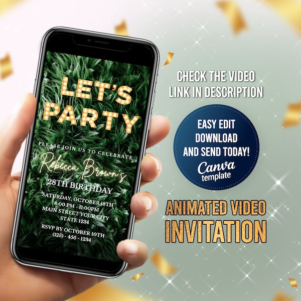 Let's Party Birthday Invitation, Greenery Digital Invite, Electronic Party Evite, Women Motion Invite, Editable Invitation Template, Any Age