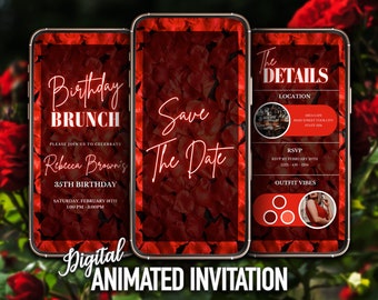 Save The Date Birthday Brunch Invitation, Red Rose Brunch Invitation, Mobile Invitation, DIY, Editable Template, Instant Download
