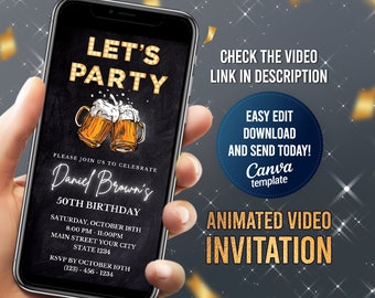ビール誕生日ビデオ招待状：パーティーを楽しもう、編集可能なテンプレート（デジタルダウンロード）