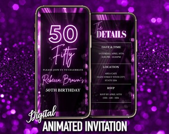 Purple 50th Birthday Invitation, Editable Fifty Birthday, Electronic Invitation, Instant Download