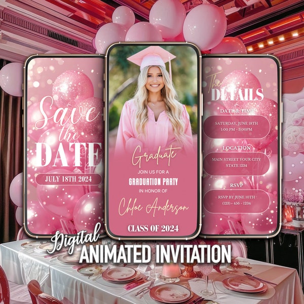 Pink Graduation Invitation, Class of 2024, Editable Graduation Invitation, Pink Grad Party, Instant Download