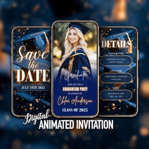 Invito di laurea blu navy e oro, classe del 2025, invito di laurea digitale modificabile, download immediato