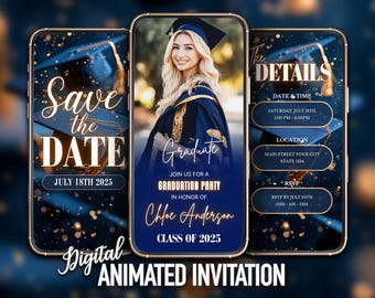 Navy Blue & Gold Graduation Invitation: Class of 2025 (Digital Download)