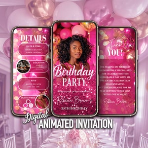 Hot Pink Birthday Party Invitation, Pink Glitter Birthday, Invitation with Photo, Editable Template, Instant Download