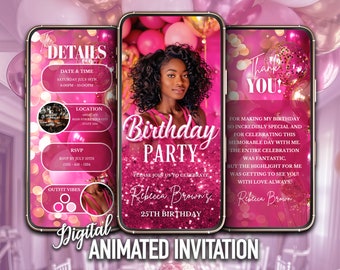 Hot Pink Birthday Party Invitation, Pink Glitter Birthday, Invitation with Photo, Editable Template, Instant Download