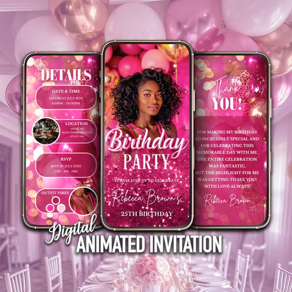 Hot Pink Birthday Party Invitation, Pink Glitter Birthday, Invitation with Photo, Editable Template, Instant Download