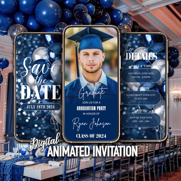 Navy Blue and Silver Graduation Invitation, 2024 Graduation, Blue Save the Date Graduation, Instant Download