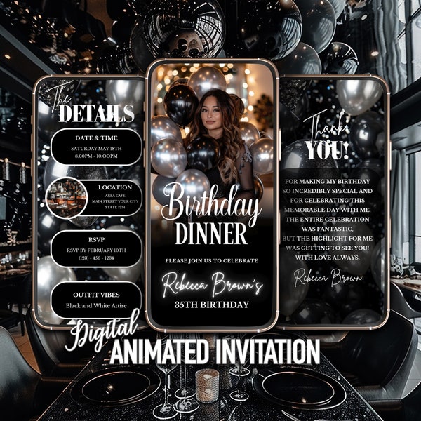 Digital Black and White Birthday Dinner Invitation, Editable Dinner Invite Template, Dinner Evite, Instant Download