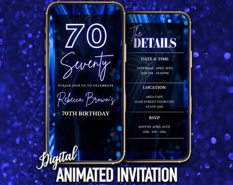 Digital Blue 70th Birthday Invitation, Editable Video Invitation, Instant Download