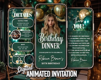 Smaragdgroene verjaardagsuitnodiging voor het diner, digitale vrouwen verjaardagsuitnodiging, bewerkbare uitnodiging met foto, Instant Download
