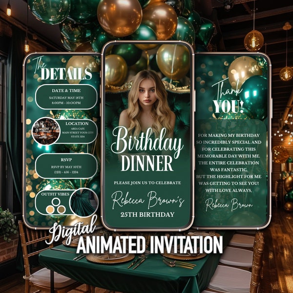 Emerald Green Birthday Dinner Invitation, Digital Women Birthday Invitation, Editable Invitation with Photo, Instant Download