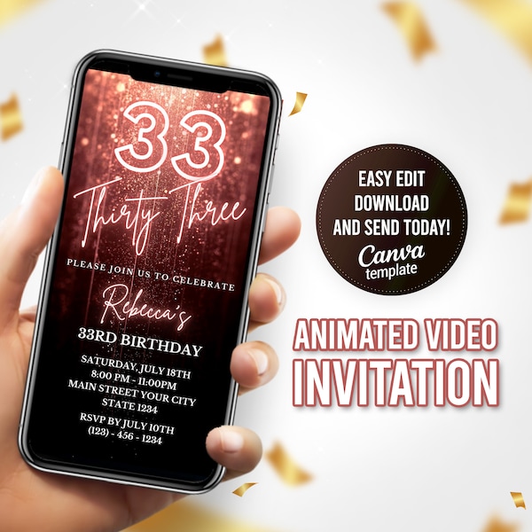 Digitale 33. Geburtstagseinladung, Dreiunddreißig, Für Sie, Elektronische Einladung, Frauen einladen, Partyeinladung, Alter lädt, bearbeitbare Vorlage