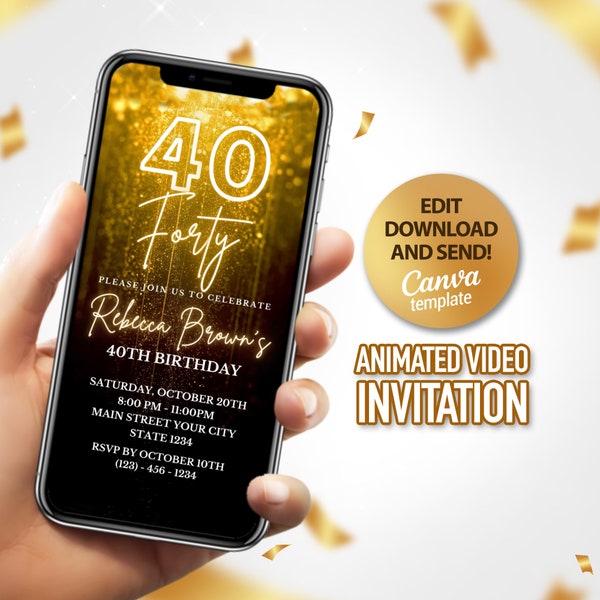 Digital 40th Birthday Invitation, Forty Birthday Party, Gold Glitter Invitation, Editable Template, Instant Download
