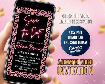 Electronic Pink Leopard Save The Date Birthday Invitation, Editable Video Invite, Birthday Party E Invite, Invitation For Her, Any Age