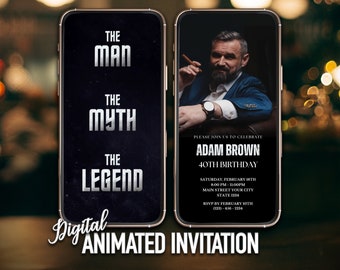 Invito di compleanno digitale per uomini, The Man The Legend, Invito per uomini con foto, Invito per uomini, Invito animato, Mobile e modificabile