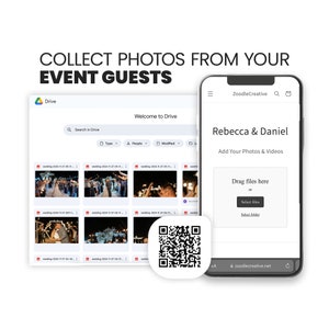 Może przedstawiać: Zrzut ekranu interfejsu Google Drive pokazujący kod QR. Kod QR jest oznaczony jako "zoodlecreative.net". Tekst "Collect Photos From Your Event Guests" jest wyświetlany nad obrazem.