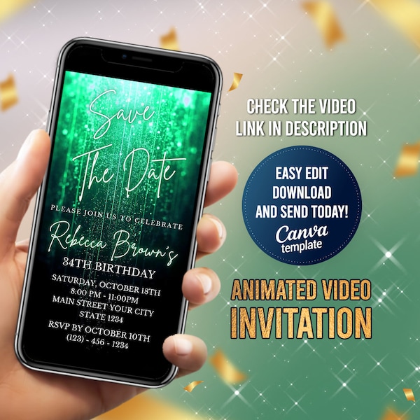 Digital Emerald Green Birthday Save The Date Invitation, Save The Date Birthday Party, Electronic Video Invite, Editable Template, Any Age