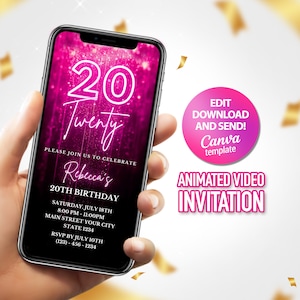 20th Birthday Invitation, Twenty Party Invite, Digital Pink Invitation, Editable Template, Instant download image 1