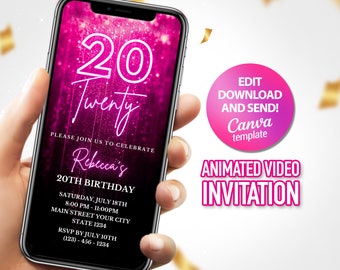 20th Birthday Invitation, Twenty Party Invite, Digital Pink Invitation, Editable Template, Instant download