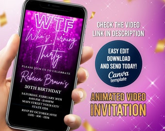 Electronic Purple WTF E Invite, Who's Turning Thirty Invitation, Purple and Black, Neon Evite, Editable Template, Any Age
