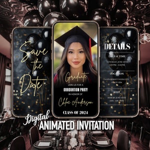 Black Graduation Invitation, Editable Graduation Invite, Class of 2024, Black and Gold, Grad Party