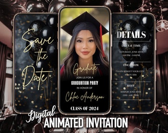 Black & Gold Graduation Invitation: Class of 2024 (Editable Template)