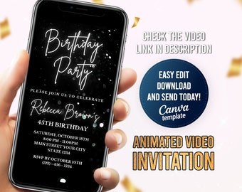 Black & Silver Birthday Video Invitation: Editable Template (Digital Download)
