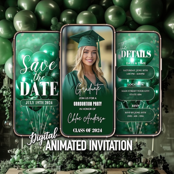 Editable Green Graduation Invitation, Graduation Announcement, Class of 2024, Emerald Green Graduation, Save the Date Graduation
